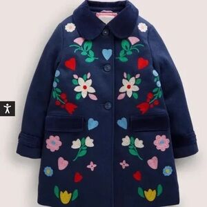 Mini Boden Navy Pea Coat with Floral Embroidery